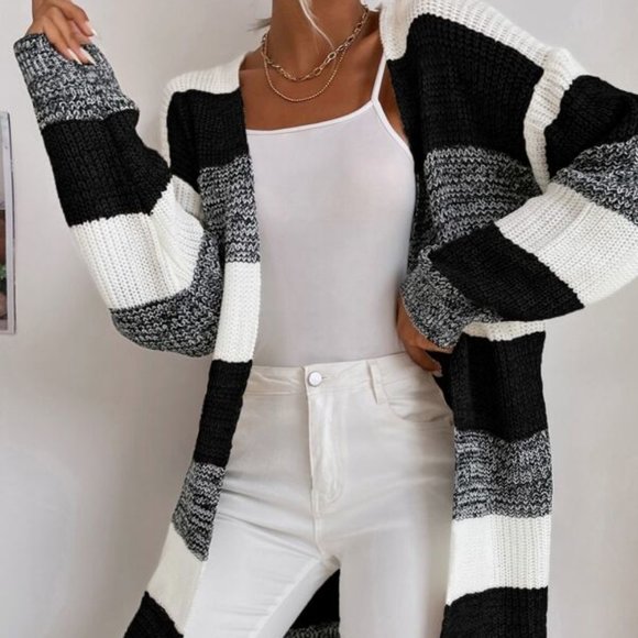 Trendy! Color Block Open Front Batwing Sleeve Long - Picture 6 of 7